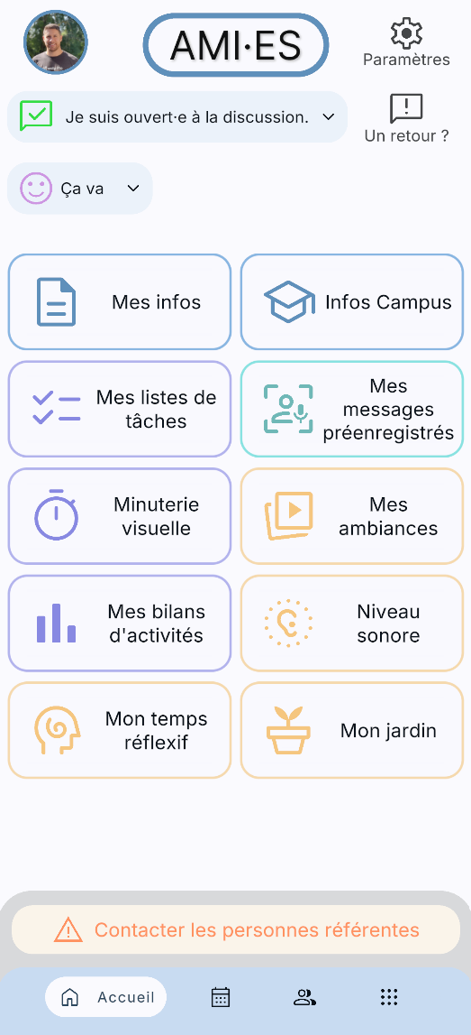 Écran d'accueil de l'application AMI·ES présentant ses fonctionnalités