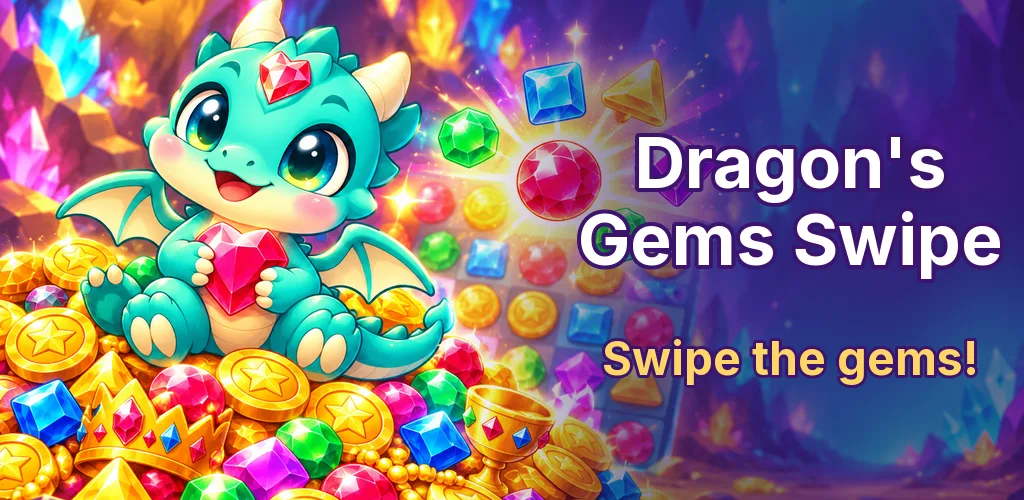 Dragon's Gems Swipe — Bijou, the baby dragon, on his pile of gold, in front of a board of gems