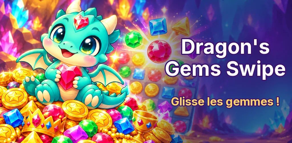 Dragon's Gems Swipe — Bijou, le bébé dragon, sur son tas d'or, devant un plateau de gemmes