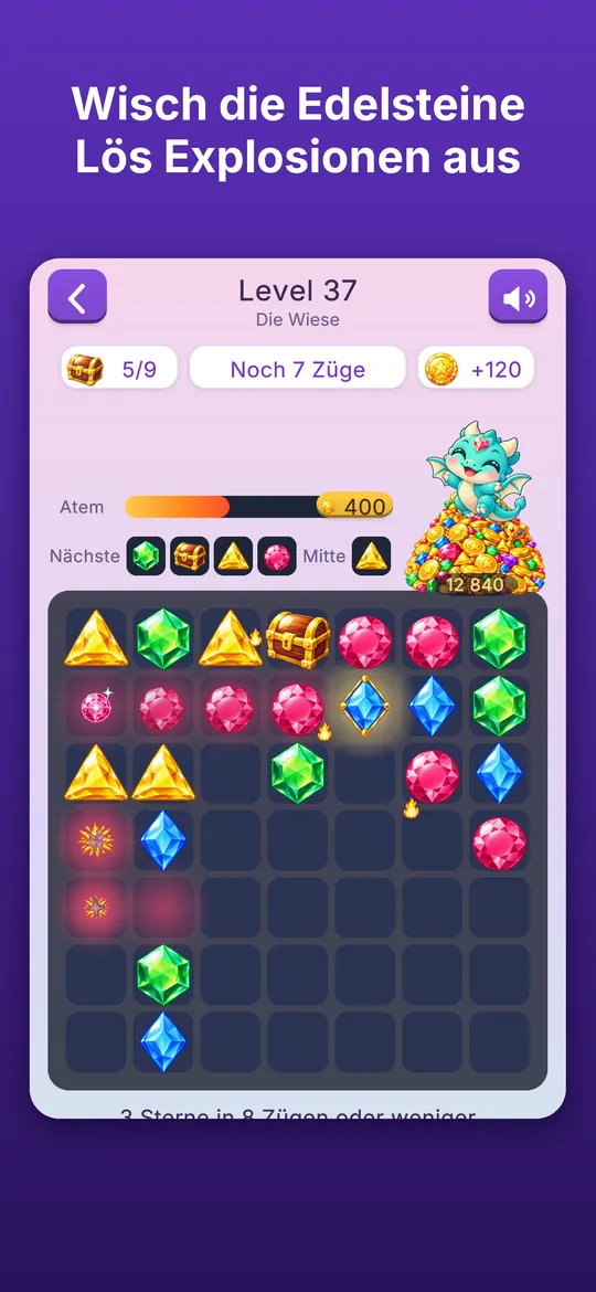 Ein Level: Edelsteine wischen, Explosionen auslösen