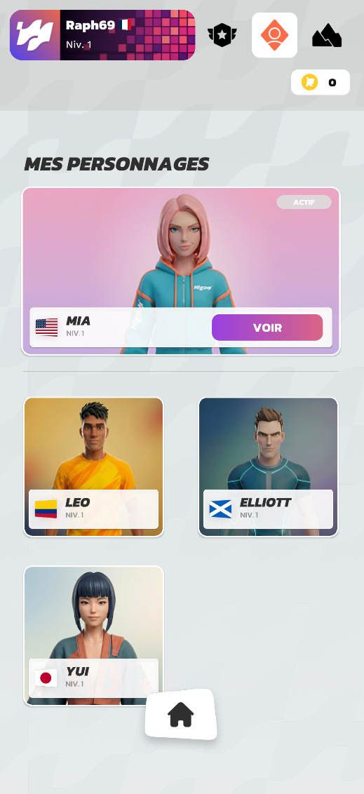 Écran « Mes personnages » avec Mia, Leo, Elliott et Yui