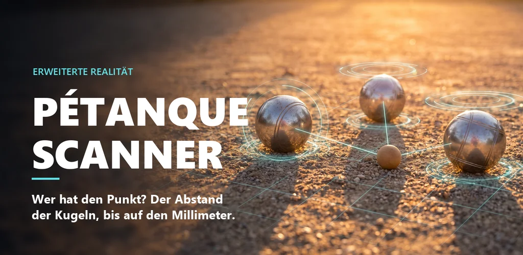 Drei Kugeln und eine Zielkugel auf einem Platz, mit den Messwerten in Augmented Reality eingeblendet