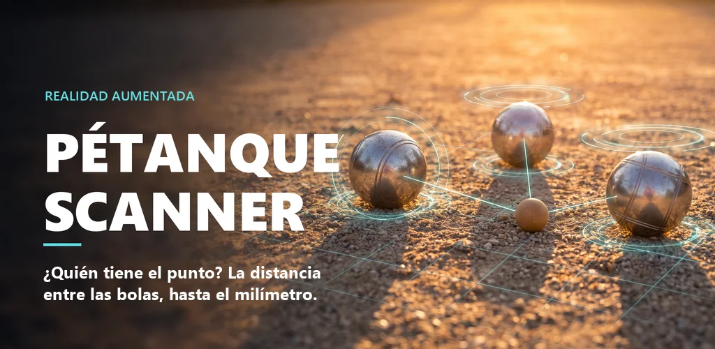 Tres bolas y un boliche en un terreno, con las medidas mostradas en realidad aumentada