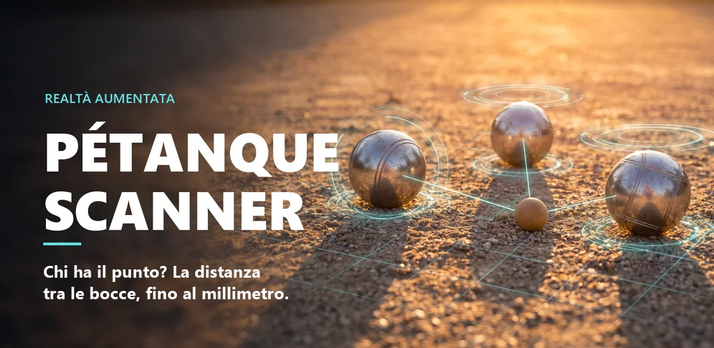 Tre bocce e un pallino su un campo, con le misure mostrate in realtà aumentata