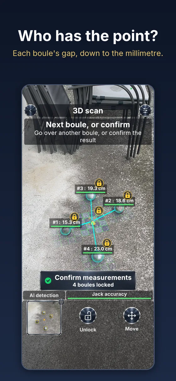 3D scan in progress — four boules locked, each one's distance to the jack shown above it