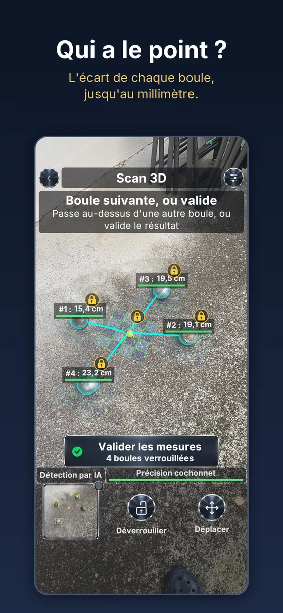 Scan 3D en cours — quatre boules verrouillées, la distance au cochonnet affichée au-dessus de chacune