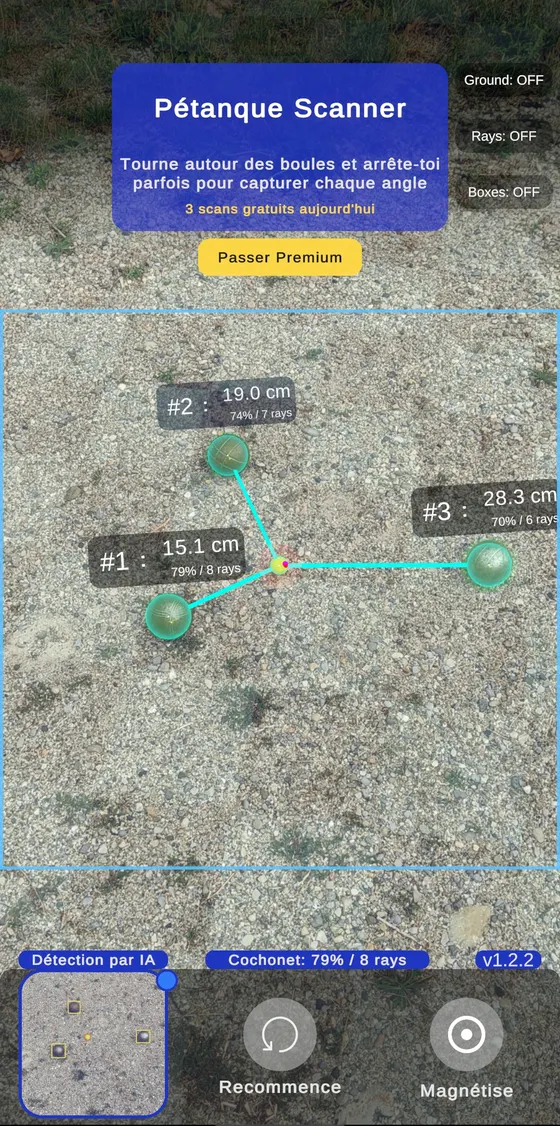 Scan en cours — trois boules mesurées à 15,1 cm, 19,0 cm et 28,3 cm du cochonnet