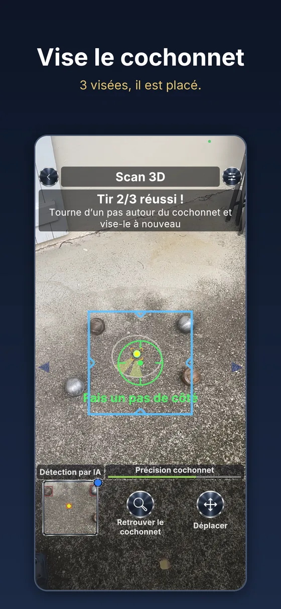 Visée du cochonnet, deuxième tir sur trois