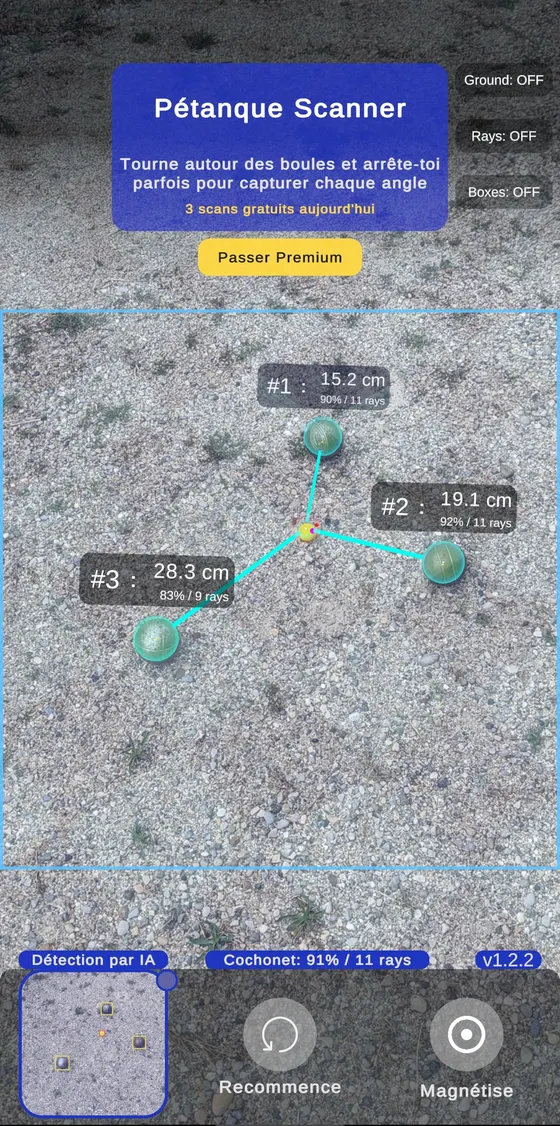 Autre configuration de boules, avec le classement des distances affiché en réalité augmentée