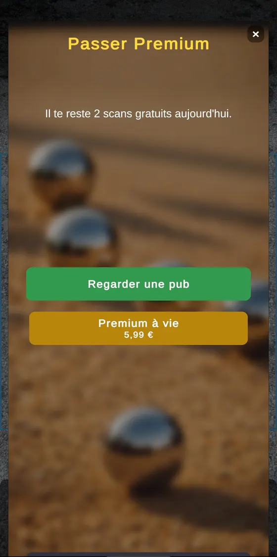 Écran Premium — regarder une publicité pour recharger ses scans, ou passer en Premium à vie