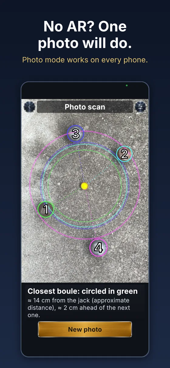 Photo mode — a single shot taken from above, the closest boule circled in green