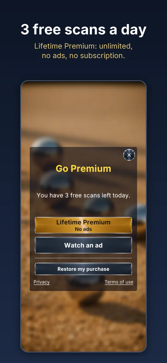 Premium screen — three free scans a day, or lifetime Premium with no subscription
