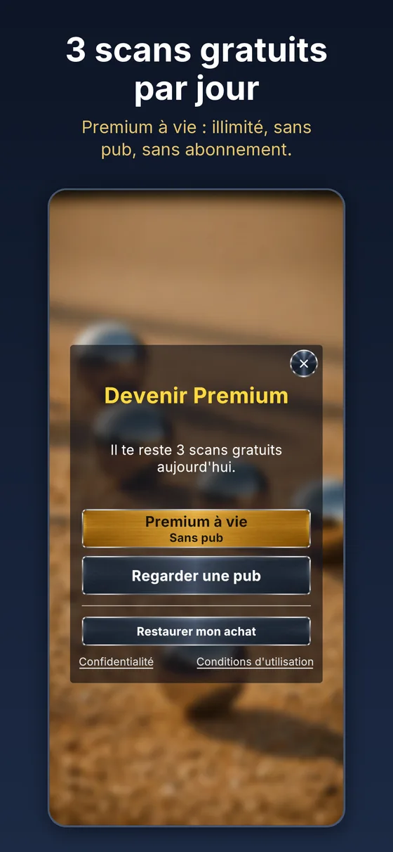Écran Premium — trois scans gratuits par jour, ou Premium à vie sans abonnement
