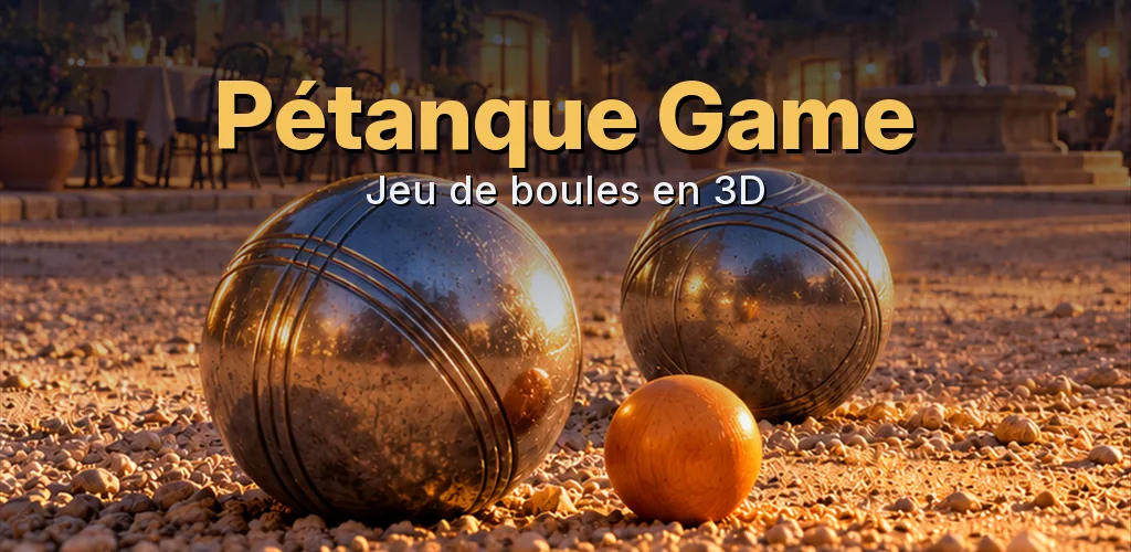 Pétanque Game — deux boules et un bouchon sur le gravier d'une place de village au soleil couchant