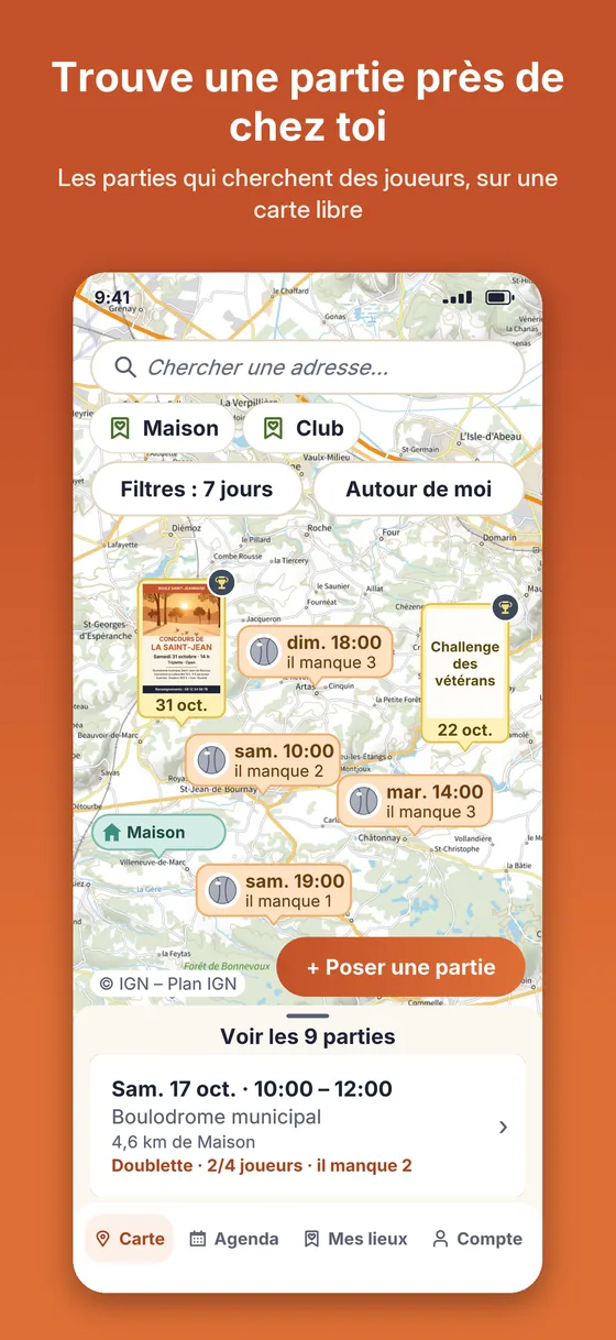 La carte : les parties qui cherchent des joueurs et les concours des clubs