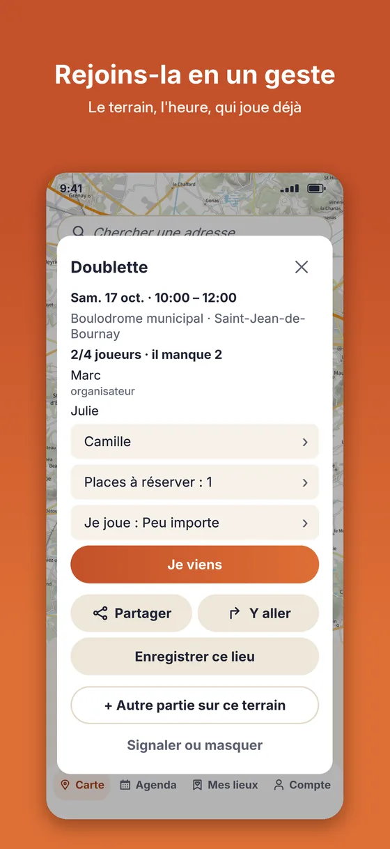 Une partie : le terrain, l'heure, le format et qui joue déjà