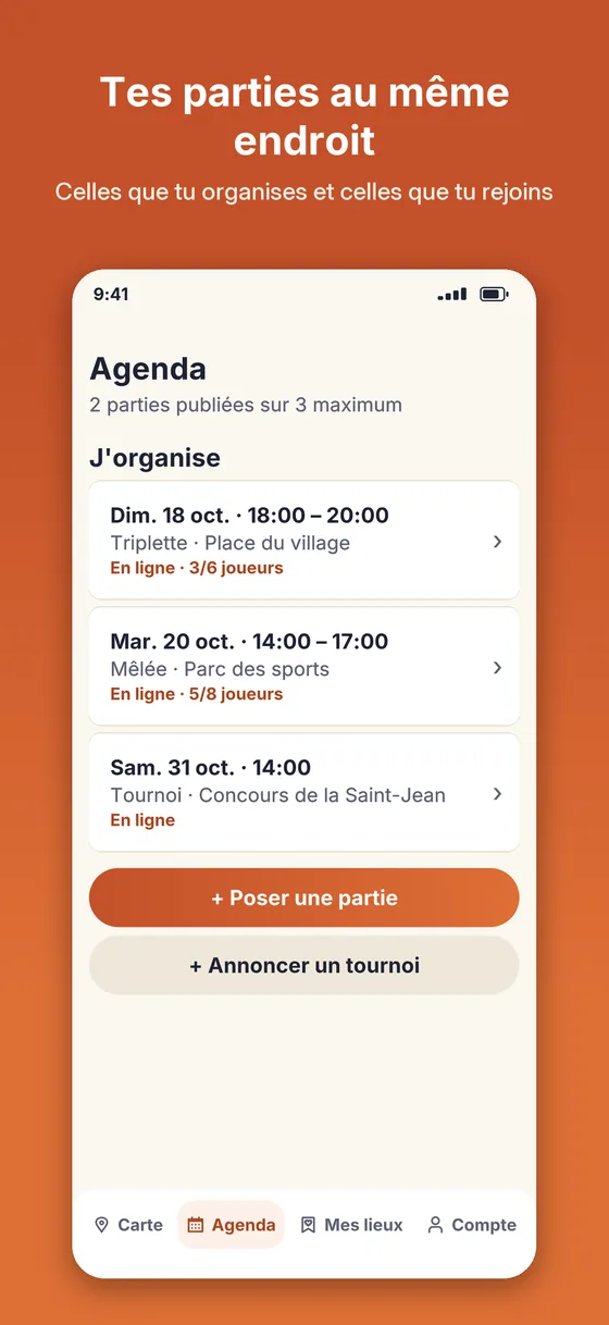 L'agenda : les parties organisées, celles rejointes et les concours suivis