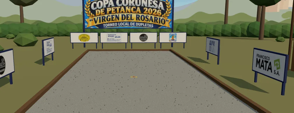 Le jeu de pétanque aux couleurs de la Copa Coruñesa de Petanca 2026 : bannière du tournoi et panneaux des sponsors autour du terrain